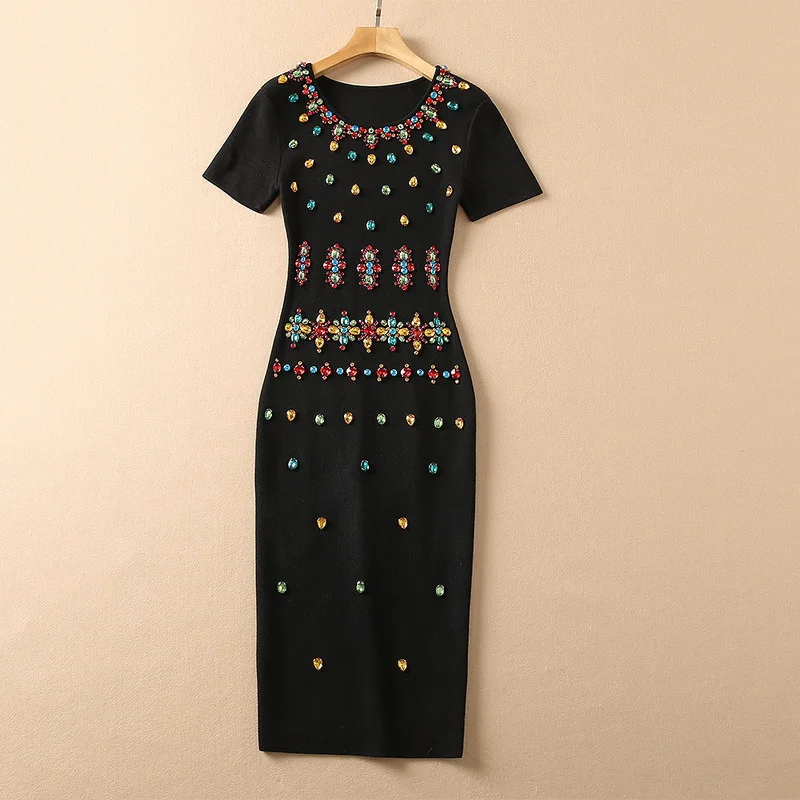 

European and American women's wear new autumn 2022 Short-sleeved heavy colored nail bead fashion Wool knit black dress