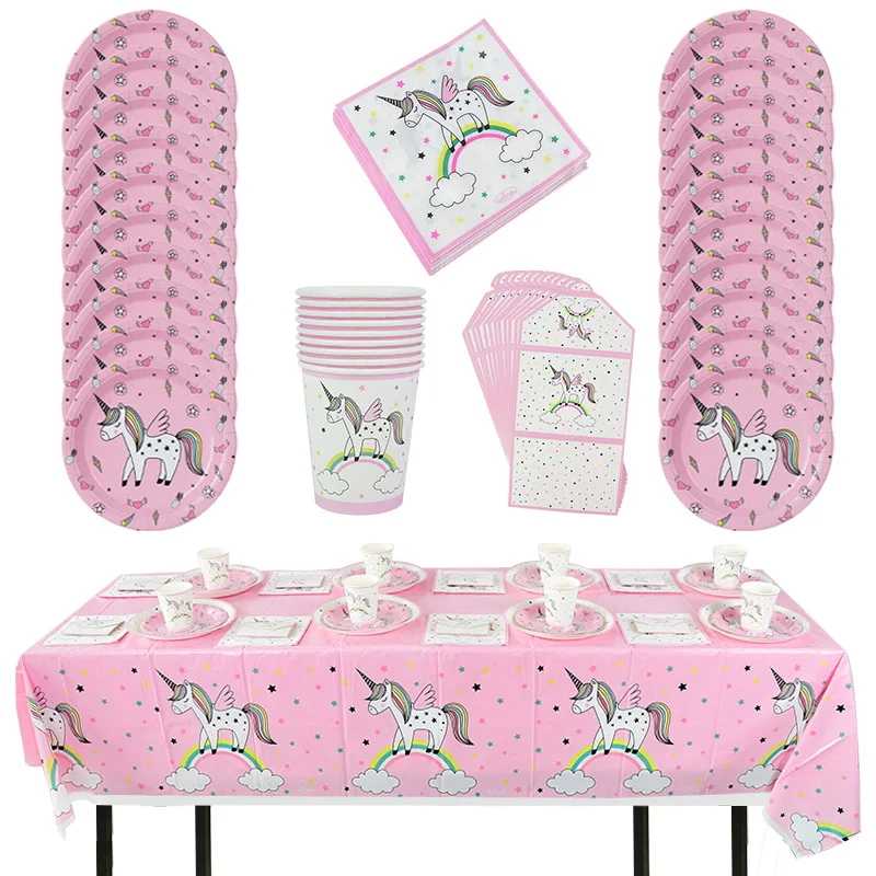 Unicorn Decor Kids Baby Shower Birthday Party  Disposable Tableware Set Paper Plate Cups Tablecloth Wedding Decoration Supplies