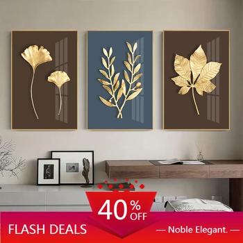 

Christmas Canvas Painting Abstract Plant Flower Wall Art Luxurious Golden Ginkgo Maple Leaves Poster Living Wall Home Decor Pict