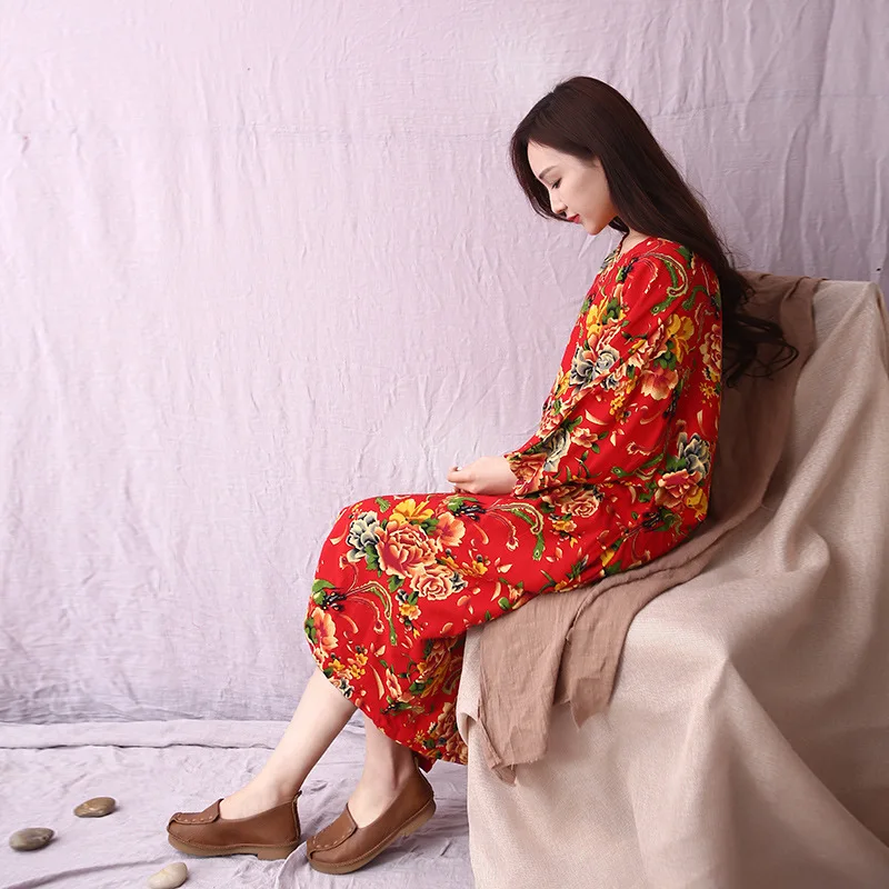 Runback/женское платье, окрашенное, Vestidos, хлопковое, льняное, халат, свободное платье большого размера, Ретро стиль, половина рукава, цветочный принт, женские платья