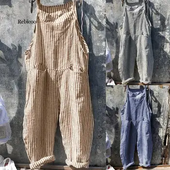 

bodysuit Women Summer Sleeveless Fashion Sexy Linen Casual Stripe Playsuit with Pocket Beach Wide Leg Romper Holiday