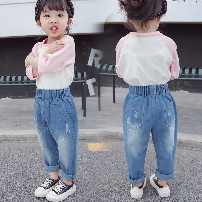

2019 Autumn Crawler Girls New Style Korean-style Solid Color Pants Western Style Children Korean-style Washing Cowboy Trousers F