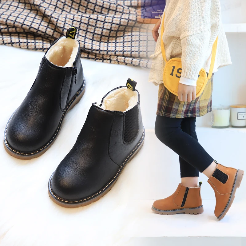Oeak модные однотонные детские ботинки зимние шерстяные ботинки «Челси» для девочек на молнии зимние ботинки для больших мальчиков кроссовки из искусственной кожи для маленьких детей