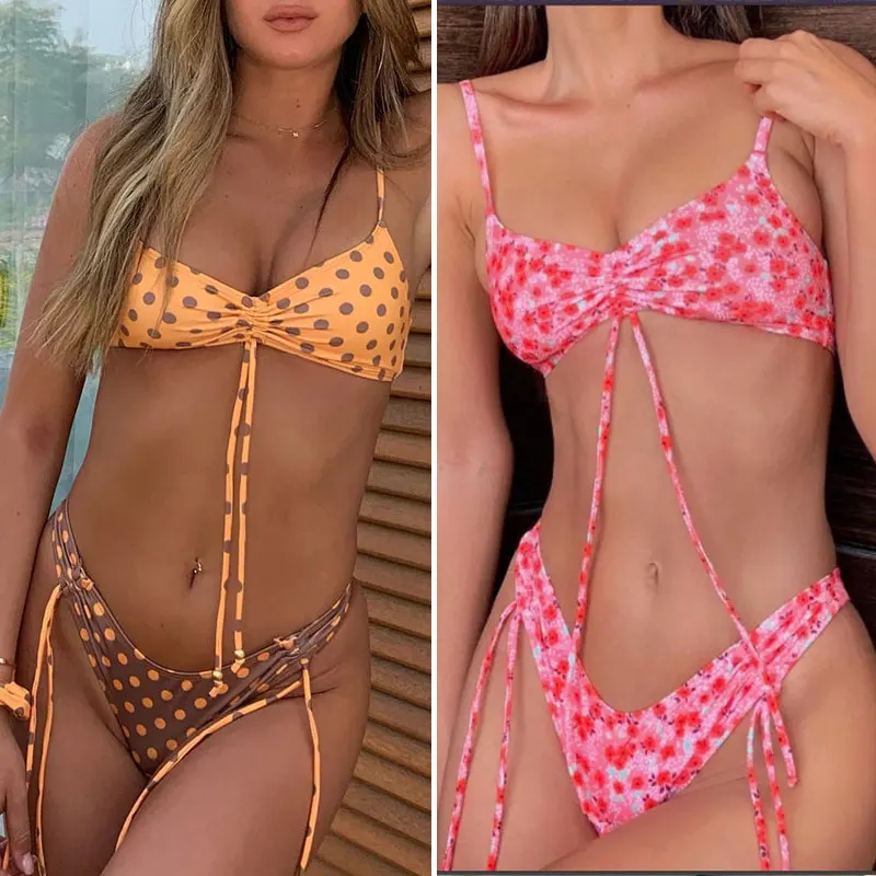 Zrtak-Bikinis con Push-Up para mujer, bañador Sexy con cordón para mujer, traje de baño con estampado Vintage, conjunto de Bikini de puntos 2020