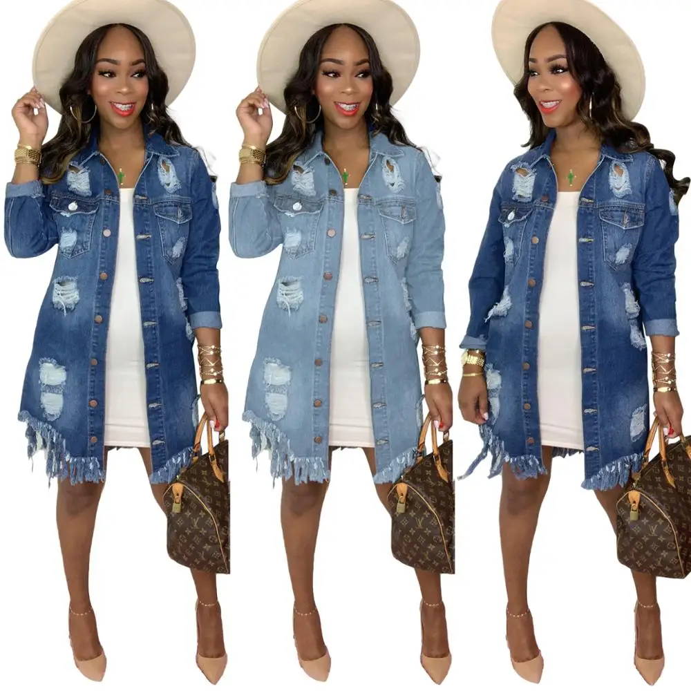 

Denim Coat Women Clothing 2021 Fashion Plus Size Long Sleeve Single Button Tassels Long Jacket Autumn Sexy Hole Streetwear Coats