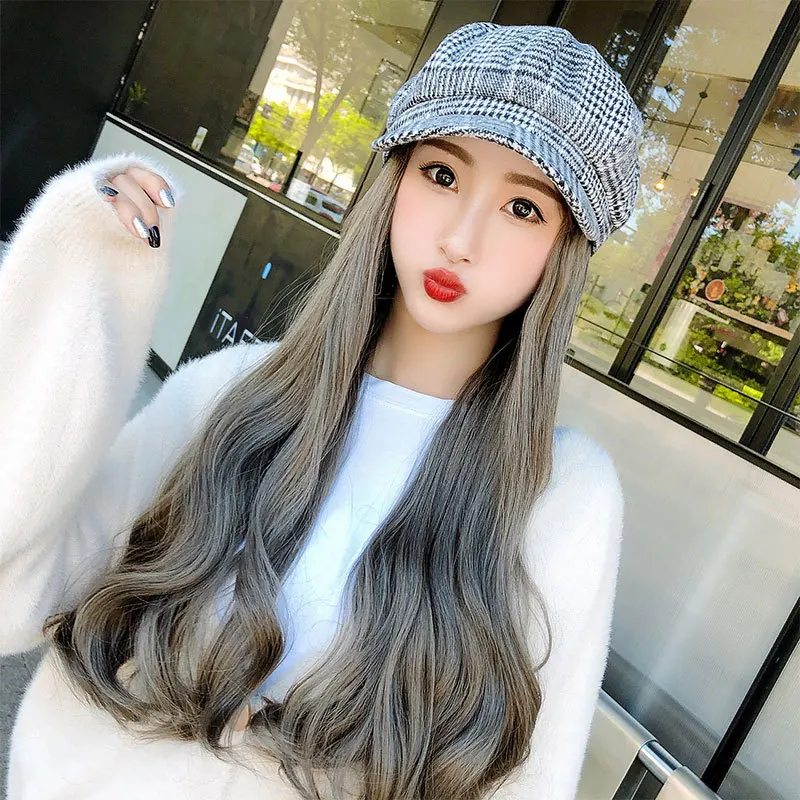 Beret Cap with Wigs Hats Hair Synthetic Short Hair Hat for Women