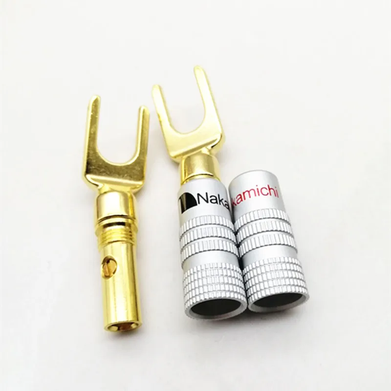 

4pcs/lot High quality Nakamichi Banana Plugs Y U Type Brass Speaker Plugs Audio Screw Gold Plated Fork Spade Connector