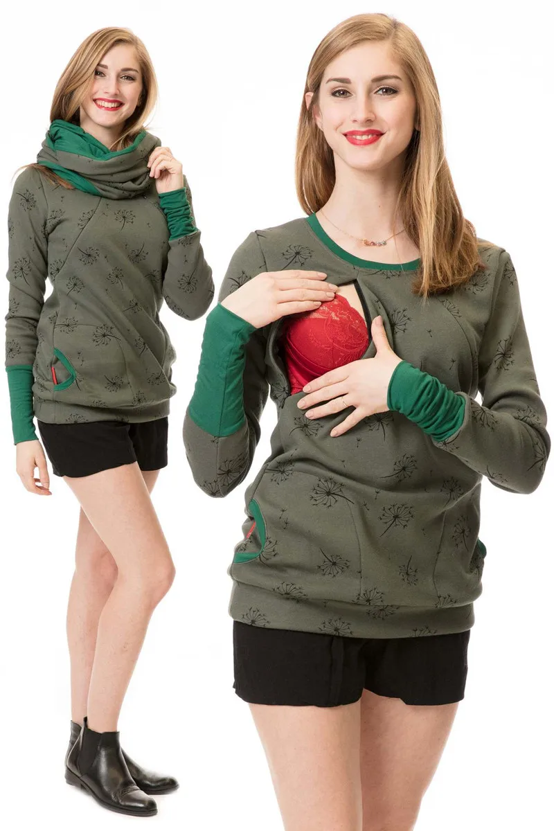 Толстовка для беременных и кормящих; зимняя одежда для беременных женщин; топы с капюшоном для грудного вскармливания; футболка; осенняя одежда для кормления грудью - Цвет: Army green