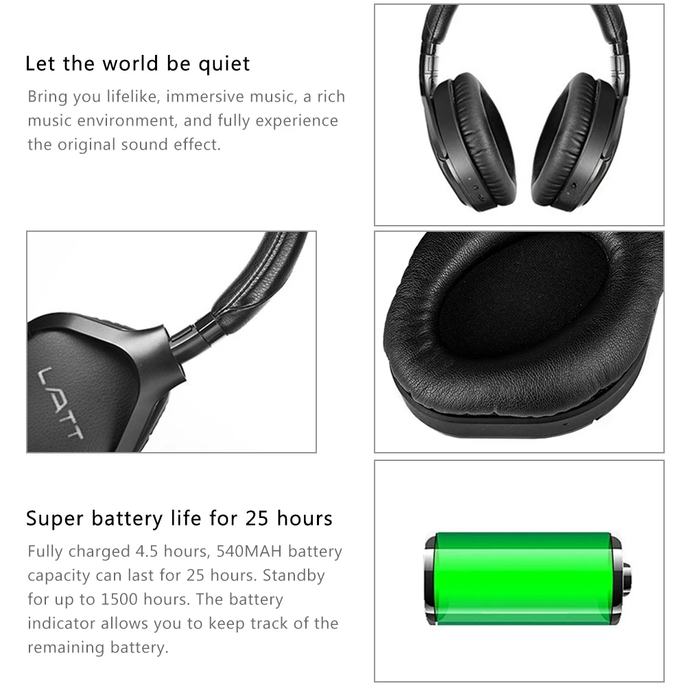 Active Noise Canceling Headphones Bluetooth 5.0 Wireless Headset with Microphone Adjustment Headband for iOS Android Smart Phone