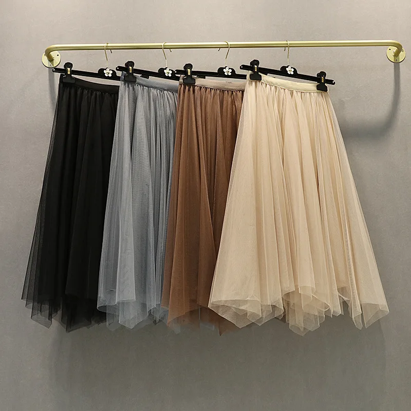 Golden Velvet Half-length Two-sided Yarn Skirt Female Autumn and Winter New High-waist Mesh Pleated Skirt