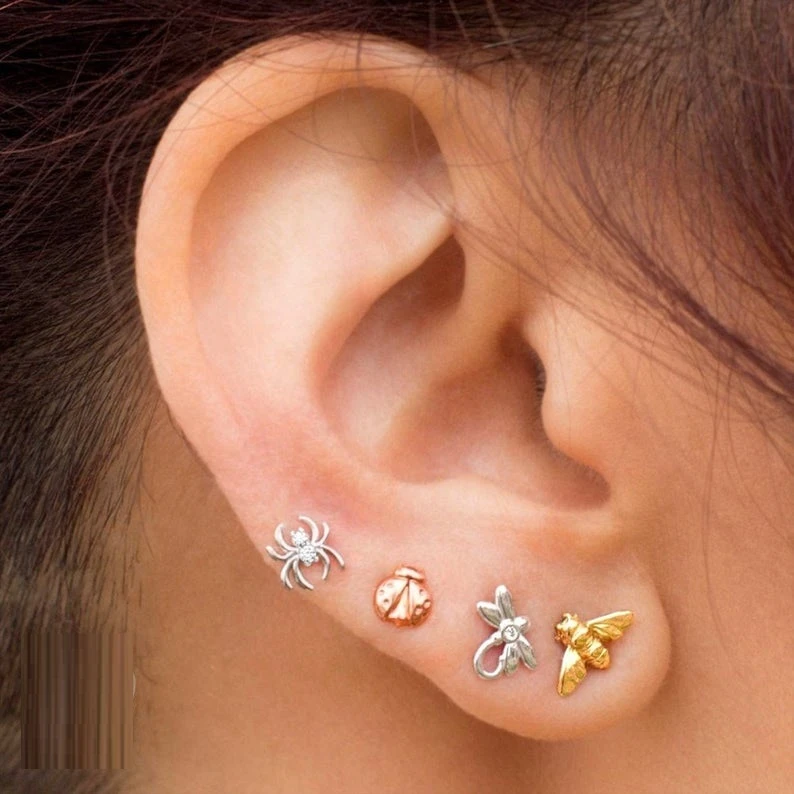 Fashion Real 925 Sterling Silver Small Cute Minimal Stud Earring For Women Starfish Bee Butterfly Spider Dragonfly Charm Jewelry