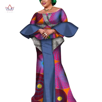 

Women African Clothing Dashiki Bazin Riche Women Skirt Set Party Patchwork Customization flaver sleeve Top Skirts Sets wy6814