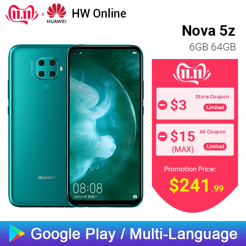 

Huawei Nova 5Z 6GB 64GB Mobile Phone 6.26 inch Kirin 810 48MP Triple Type-C Mobile Phone