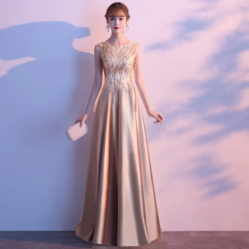 Gold Sleeveless Вечерние платья с золотыми блестящими блестками, а-силуэт, вечерние платья, длина до пола, Robe De Soiree, круглый вырез, половина рукава, женское вечернее платье K164 - Цвет: Gold Sleeveless