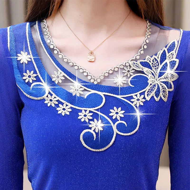 

2020 Autumn Winter Women Lace Embroidery Mesh Stitch Blouses Lady Bottoming Shirt Long-sleeved Bright Silk Ruffle Tops Plus 4XL