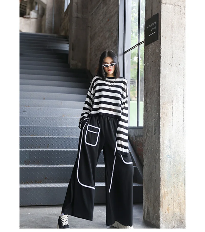 [EAM] High Elastic Waist Black Pocket Split Long Wide Leg Trousers New Loose Fit Pants Women Fashion Spring Autumn 2020 1X812