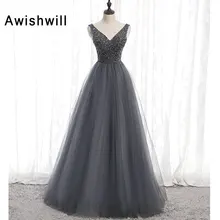 Новая Мода Серое длинное платье для выпускного вечера бисерные тюлевые трапециевидные женские вечерние платья без рукавов вечернее платье размера плюс