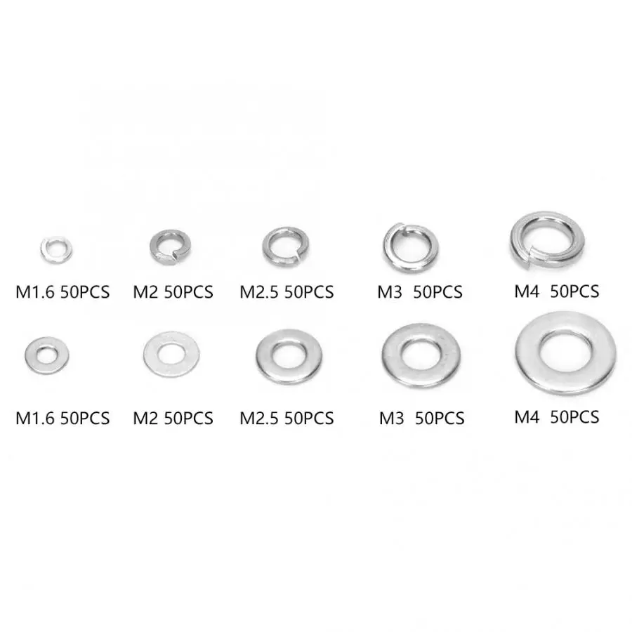 500 шт M1.6/M2/M2.5/M3/M4 уплотнительное кольцо из нержавеющей стали металлическая эластичная плоская шайба прокладка и пружинная прокладка комплект