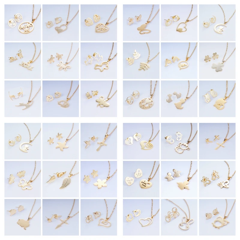 

10 Sets Wholesale Gold Color Stainless Steel Punk Rock Necklace Earring Kit Jewelry Sets Animal Heart Necklace Sets for Women