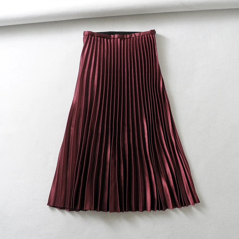 

Cnn-181013 Solid Color Mid-length High-waisted Big Hemline Pleated Skirt