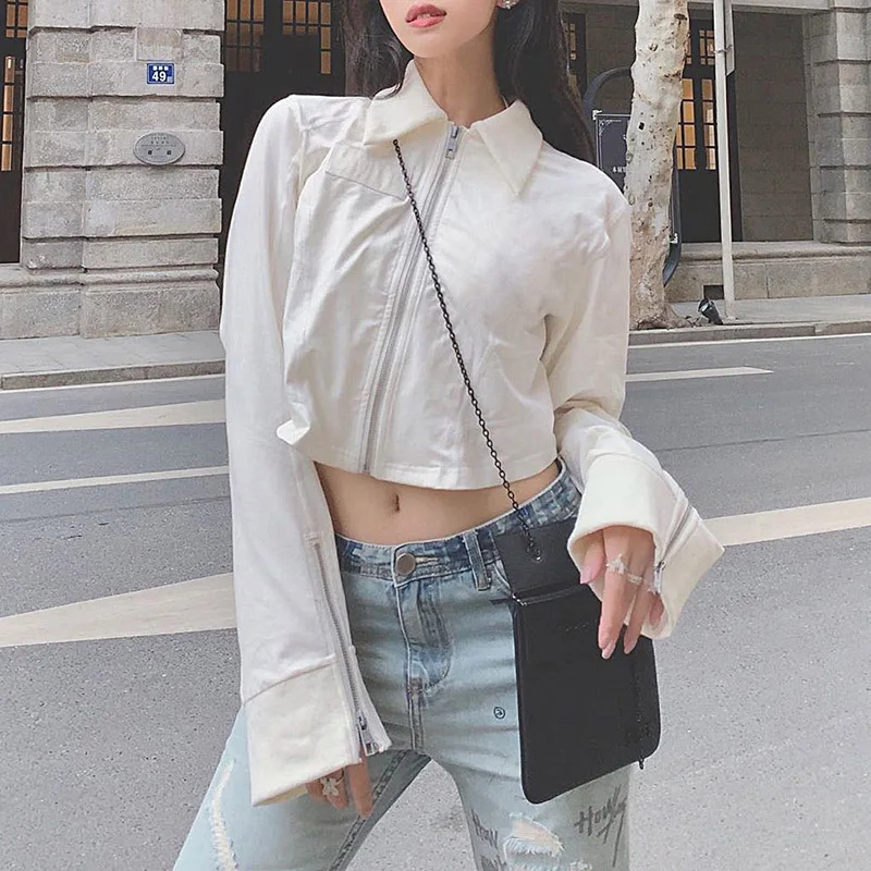 

Denim Jacket 2019ins Explosion Models Europe And The Autumn Zipper Lapels Exposed Navel Solid Color Trumpet Sleeves Street Coat
