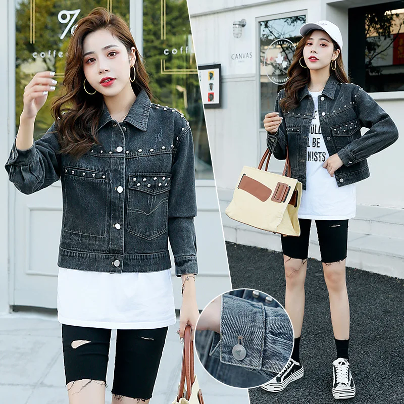 

2019 Spring And Autumn Korean-style Loose-Fit Jeans Coat Long Sleeve Printed Students Short-height Short Versatile Cowboy Clothi