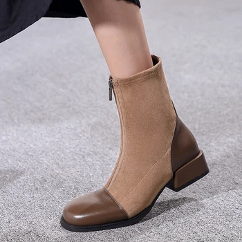 

Retro Ladies Winter Boots Mixed Colors Genuine Leather low Heels Boots Zipper 2021 Newest Party Prom Shoes Woman