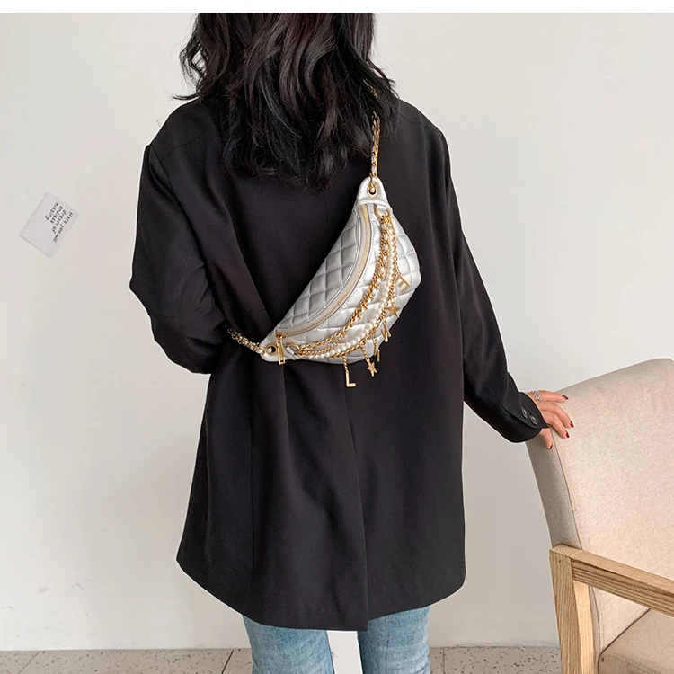 Small Bag Women New Fashion Korean Versatile Messenger Bag Pearl Chain Waist Bag Gold Letter Tassel Chest Bag Nightclub Bag