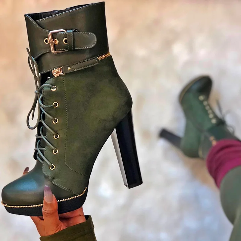 

Platform High Heel Ankle Boot Lace Up Booties Chunky Shoes For Womens Zipper Vegan Leather Winter 2019 Big Size 15 16 Funky New