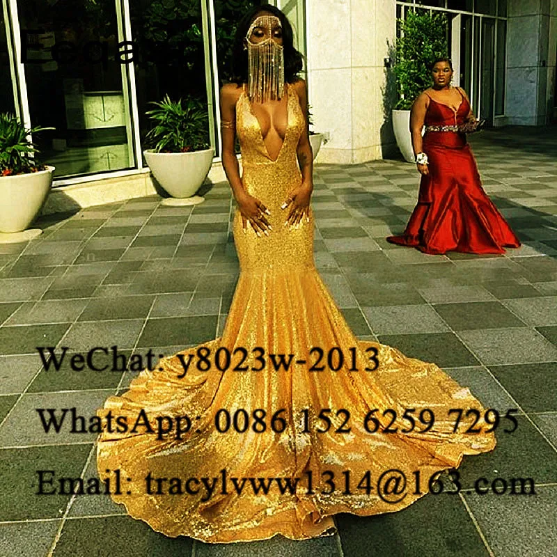 Gold Yellow Золотое, желтое, расшитое блестками вечернее платье русалки, длинное, с часовым шлейфом, сексуальное, с глубоким v-образным вырезом, африканские женские платья для выпускного вечера, Robe De Soiree - Цвет: Gold Yellow