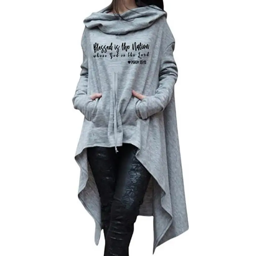 

Blessed Is The Nation Letters Print Hoodies For Women Long Irregular Sweatshirt Femmes Hooded Sweatshirts Corduroy Plus Size