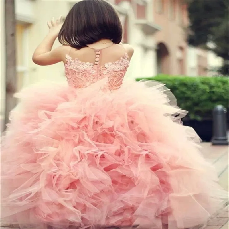 Новые Платья с цветочным узором для девочек, розовые платья для первого причастия для девочек, бальное платье, пышные платья с бусинами и облаками, Vestido De Daminha