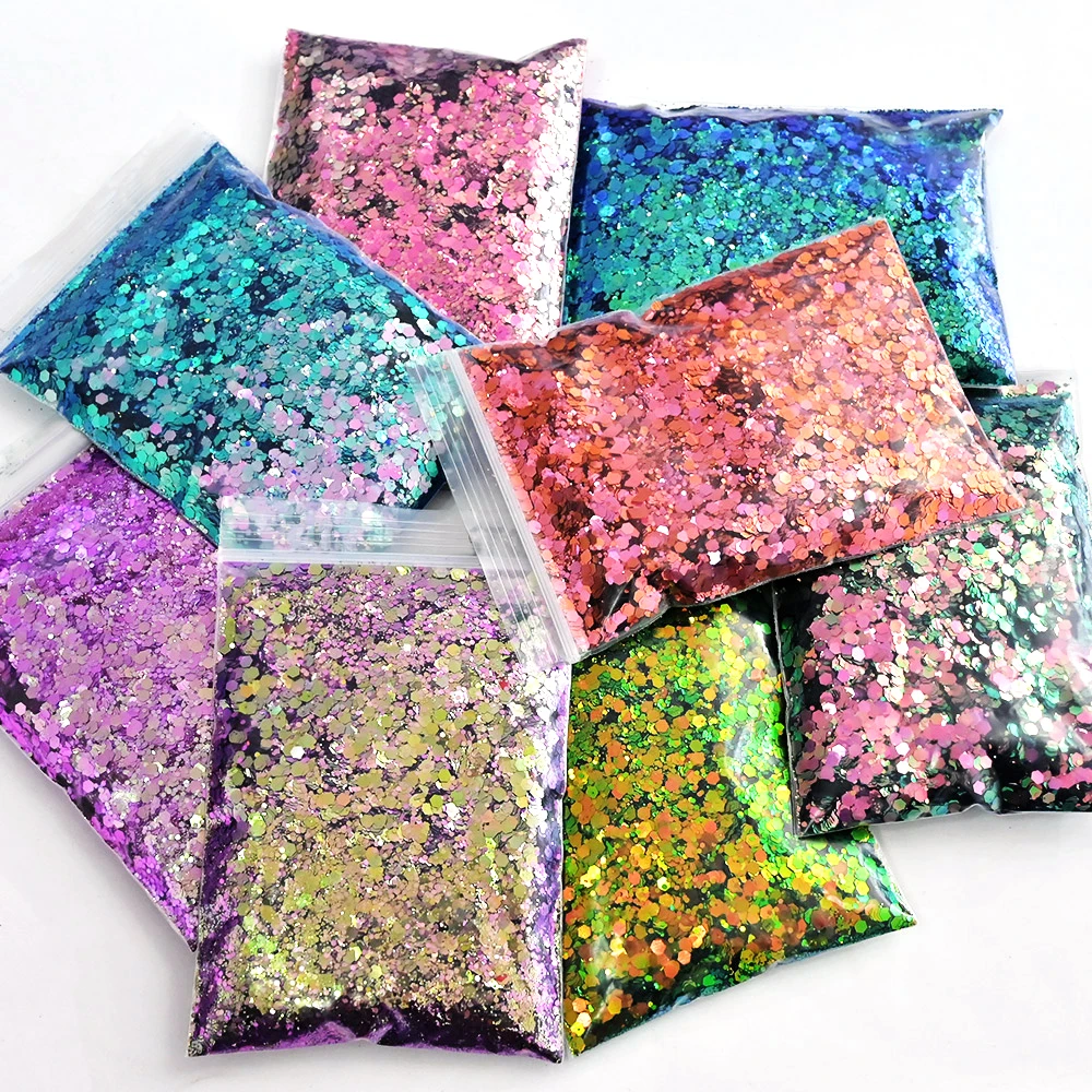 50g/bag Mermaid Nail Art Glitter Mix Size Chunky-Hexagon Laser Sequins 8 Color Shiny Chameleon Manicure Flakes Decoration TG#52