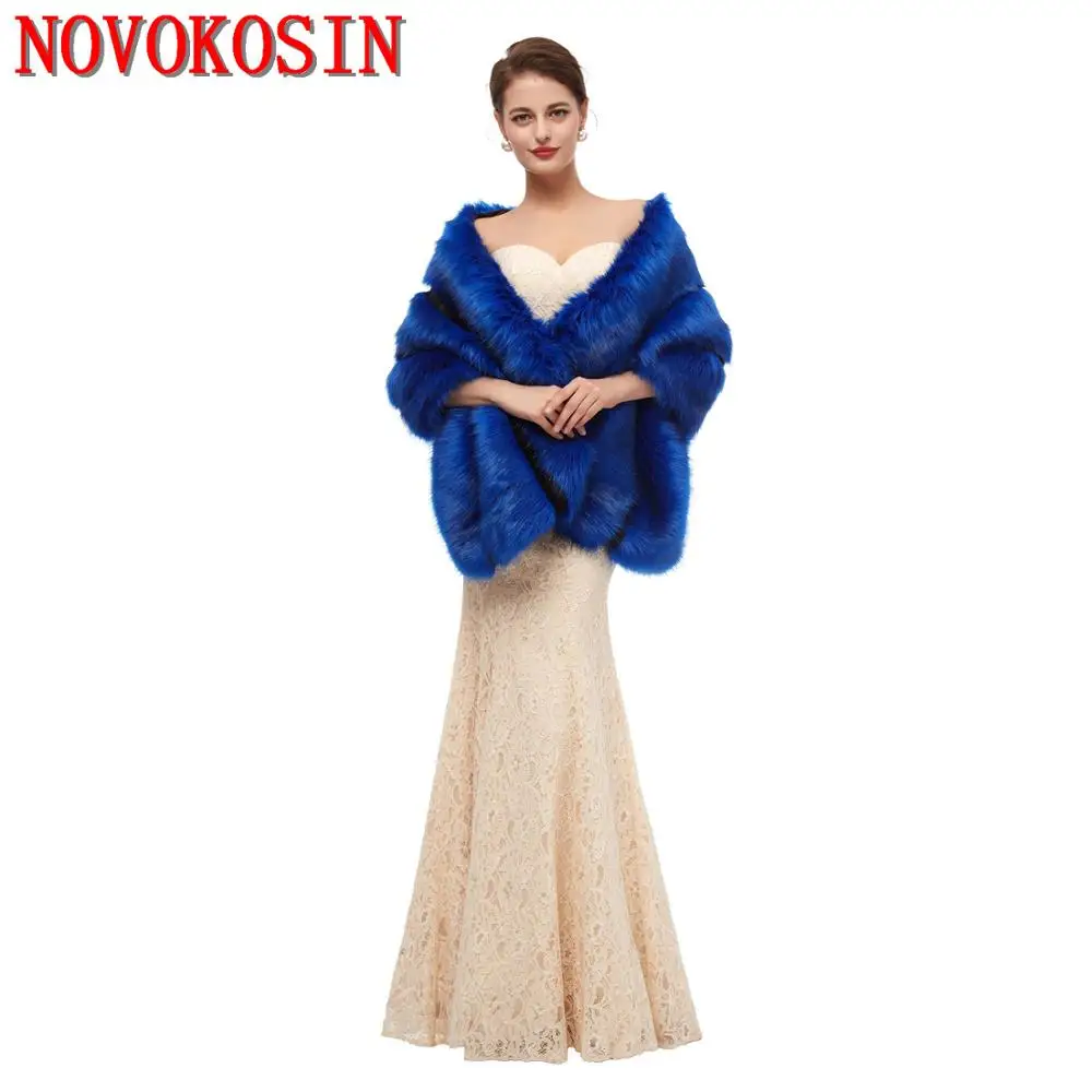 

2020 Winter Warm Royal Blue Rectangle Bridal Wedding Dress Wraps Faux Fur Bride Striped Big Cardigan Poncho Long Wedding Shawl