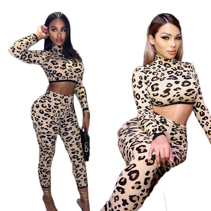 

Leopard Print Long Sleeve Crop Tshirts Top and Lift Hips Pants Matching Sets Women Two Piece Outfits Sexy Slim Club Tracksuits