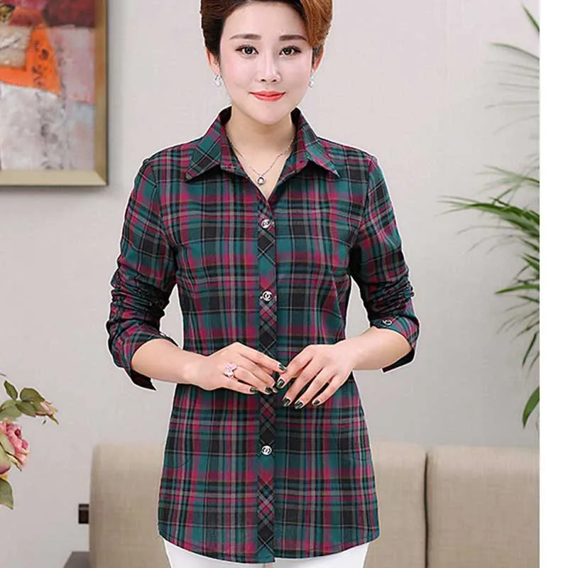 

Middle-aged and elderly long-sleeved autumn new loose large size shirt female Phyl cotton lining