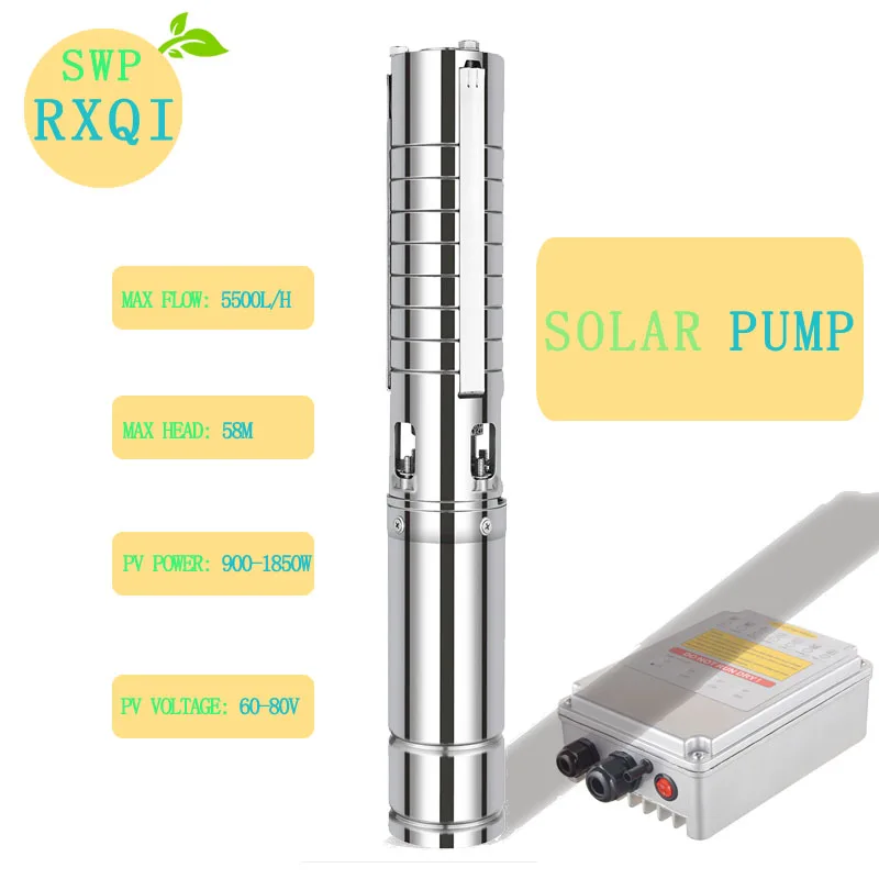 

SOLAR WATER PUMP 4" DC Solar Centrifugal Pump 48v 750w or 1HP Max flow 5500L/H Max head 58m Outlet 1.25" Solar Submersible Pump
