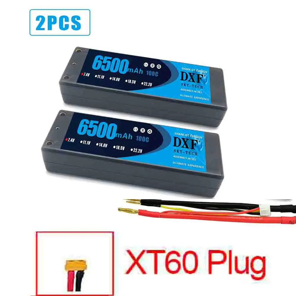 DXF 2 шт.-полимерным аккумулятором RC Lipo 2S 7,4 V 5200 мА/ч, 6200 мА/ч, 6500 мА/ч, 8000 мА/ч, 50C 100C 120C 240C 4,0 мм на колесиках для Слэш 4X4 автомобиля - Цвет: 2PCS2S6500HARDXT60