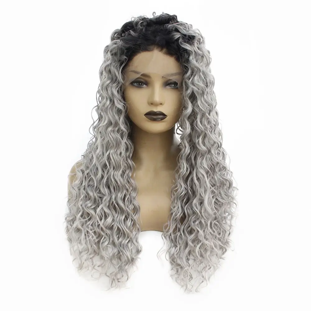 Ombre Green Kinky Curly 180% Density Heat Resistant Hair Synthetic Lace Front Wig Middle Part Glueless Long Wigs for Black Women