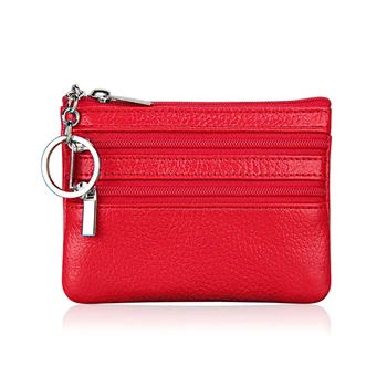 

Leather Change Coin Purse with 4 Pockets and Keychain for Women Red