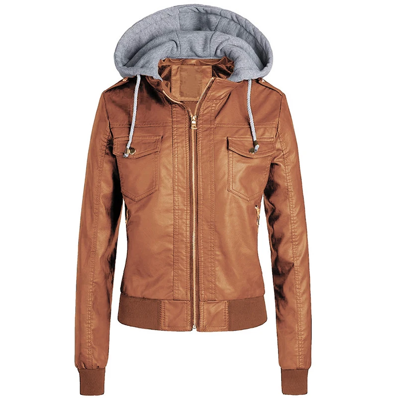

Ailegogo New Women Punk Style Pu Leather Jacket Autumn Winter Hat Detachable Slim Fit Coats Ladies Plus Size 3XL Hooded Outwear