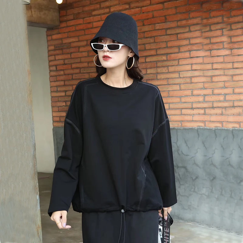 

Simple Wild Sweatshirt Women Loose Plus Size Paneled Drawstring Top Korean Style Trend Autumn New Women Clothes