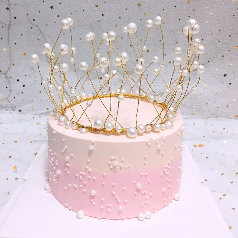 

Metal Pearl Princess Crown Cake Topper Shiny Artificial Pearls Headdress Wedding Cake Decor Birthday Topper Handmade