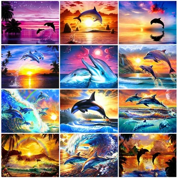 

HUACAN Diamond Painting Kits Dolphin Mosaic Decorations For Home Animal Wall Stickers Diamond Art