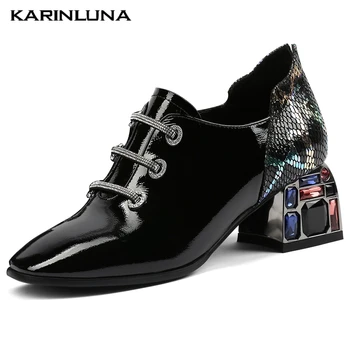 

Karinluna On Sale New Top Quality Square Toe Crytals Chunky Heels Patent Leather Crystals Ladies Pumps Woman Shoes Women