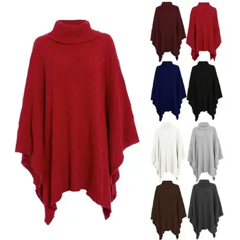 

ZOGAA Red Turtleneck Autumn Winter Women Sweater Shawls Cloak Ladies Solid Grid Knitted Wrap Cowl Pull Femme Poncho Jumper Cape