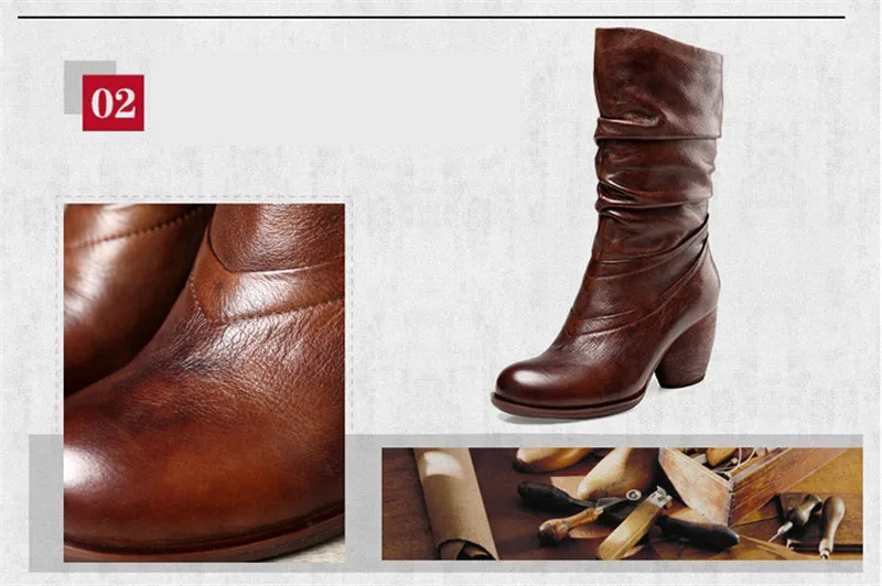 2020 Women Winter Mid-Calf Boots Genuine Leather Handmade Shoes Ladies Fashion Snow Boots Shoes Side Zipper High Heels Warm Boot (4)