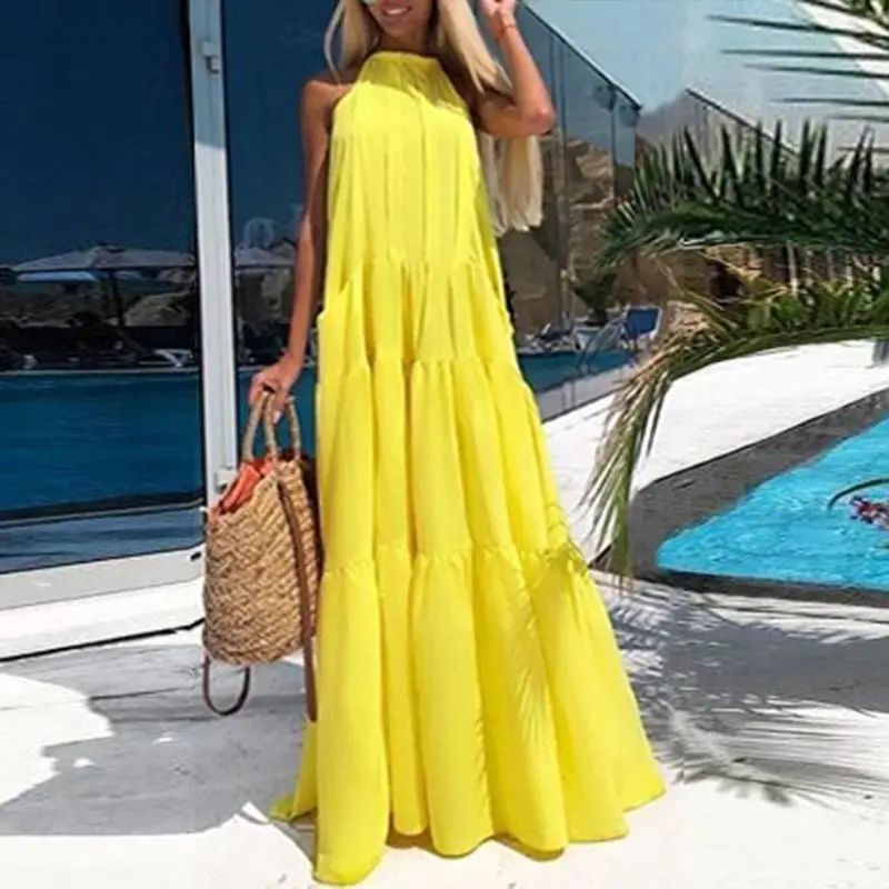 Woman Halter Neck Sundress ZANZEA 2020 Bohemian Ruffle Dress Casual Solid Sleeveless Maxi Vestidos Female Hollow Robe Oversized Woman Halter Neck Sundress ZANZEA 2020 Bohemian Ruffle Dress Casual Solid Sleeveless Maxi Vestidos Female Hollow Robe Oversized