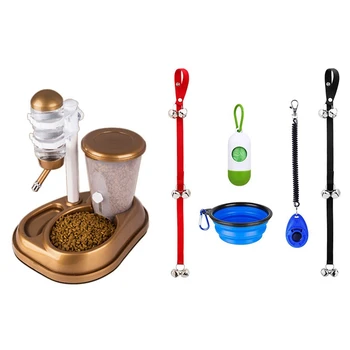

6 Pcs Pet Accessories: 1 Pcs Automatic Feeder With Drinker Food Bowl and Bottle Cage & 5 Pcs Dog Doorbell for Training
