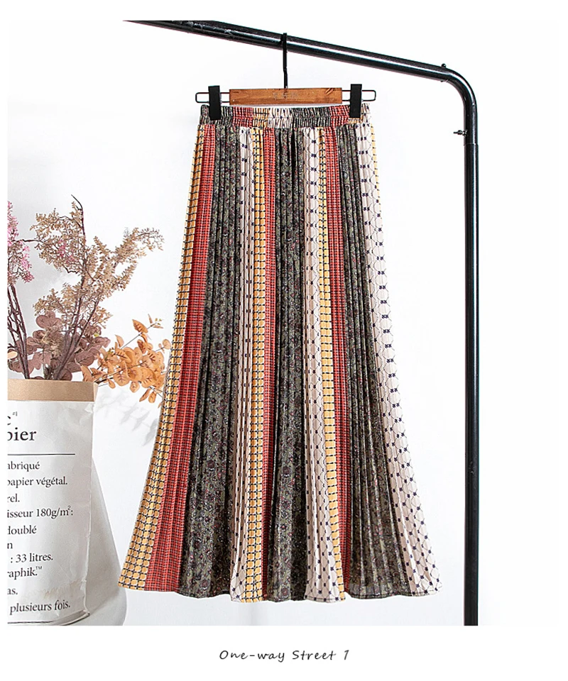 TIGENA אופנה שיפון ארוך קפלים חצאית נשים 2021 אביב קיץ בציר ניגודיות הדפסת אסתטי גבוהה מותן חצאית נקבה ליידי